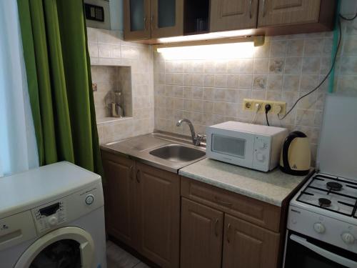 eine kleine Küche mit einer Spüle und einer Mikrowelle in der Unterkunft Apartments Anna in Lwiw
