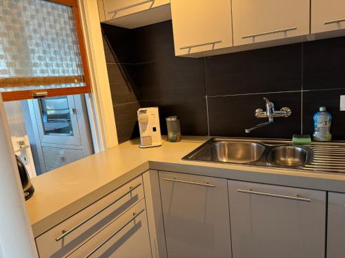 a kitchen with a sink and a counter top at Luxe seaview appartment in Blankenberge