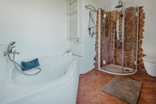 uma casa de banho com um chuveiro e uma banheira branca em Happy Place mit Sauna & Jacuzzi em Plettenberg