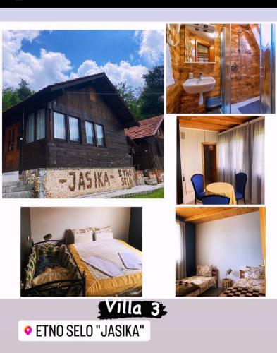 un collage de fotos de una casa y un dormitorio en Etno Selo Jasika en Prizren