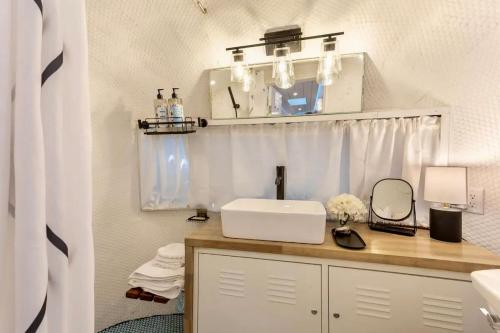 a bathroom with a sink and a mirror at South Tampa Airstream Farm Stay in Tampa