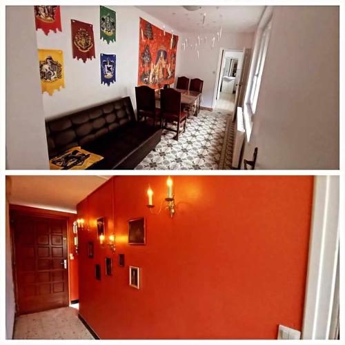 un salon et une salle à manger avec un mur orange dans l'établissement Le Relais de la Mandragore, à Blangy-sur-Ternoise
