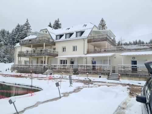 una casa en la nieve con terrenos cubiertos de nieve en Duplex F2 au pied des pistes du lac blanc, en Orbey