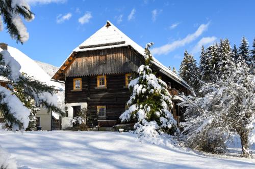 a log cabin in the snow at Bauernhaus Stampfer in Sankt Lorenzen ob Murau