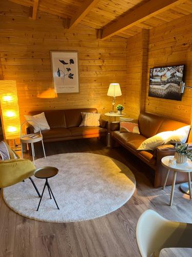 a living room with leather couches and a rug at Luxe en ruim chalet met airco bij Leekstermeer in Matsloot