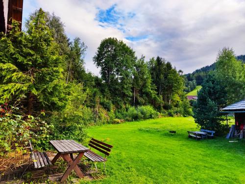 a picnic table and benches in a green field at Bauernhaus Stampfer in Sankt Lorenzen ob Murau