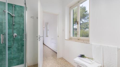 a bathroom with a shower and a toilet and a window at VILLA MERAVIGLIA 8, Emma Villas in Nisporto