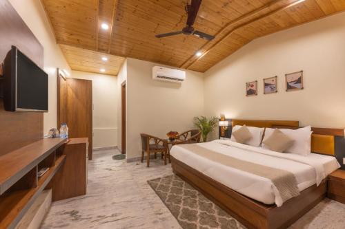 pokój hotelowy z łóżkiem i telewizorem w obiekcie Moody moon I Kasauli I Amazing Homestay w mieście Kasauli