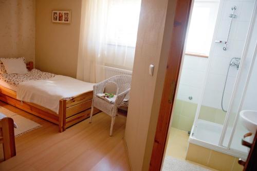 a small room with a bed and a bathroom at Słoneczne Wzgórze in Szczawnica