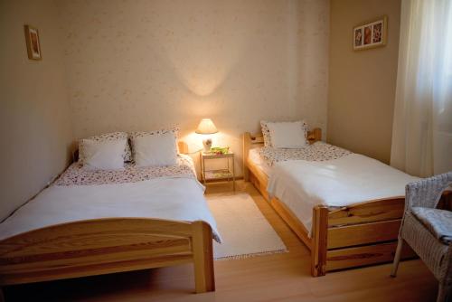 1 dormitorio con 2 camas, lámpara y silla en Słoneczne Wzgórze, en Szczawnica