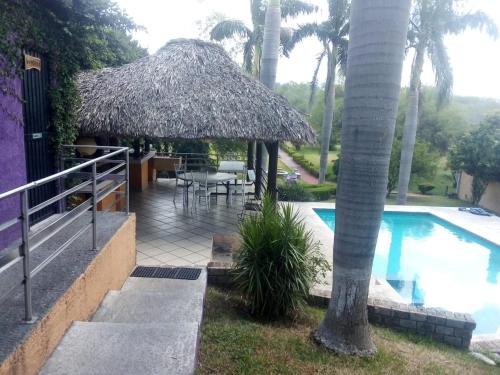 Barranca的住宿－QUINTA CARLOTITA，一个带游泳池和草伞的度假胜地