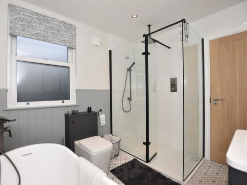 a bathroom with a shower and a toilet at 4 Bed in Aberdovey 94232 in Aberdyfi