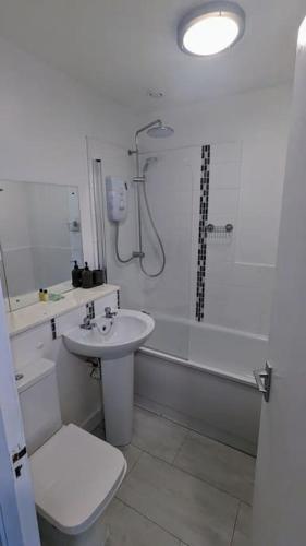a bathroom with a shower and a toilet and a sink at Casa de Canada Court in Glasgow