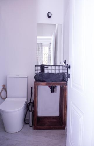 a bathroom with a toilet and a mirror at Pallada in Yerevan