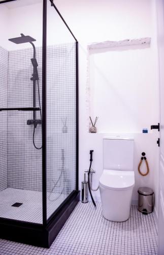 a white bathroom with a shower and a toilet at Pallada in Yerevan