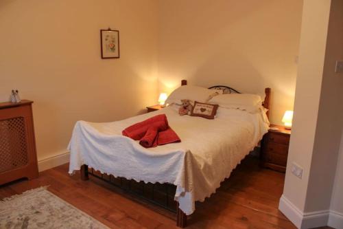 um quarto com uma cama com toalhas vermelhas em The Marshes - Large home, short drive to beach em Kells
