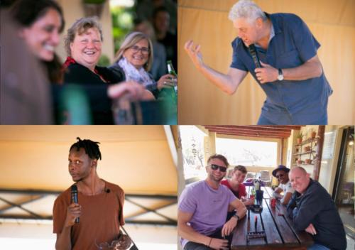 a group of people standing around a table with a microphone at Imbabali Retreat & Venue in Magaliesburg