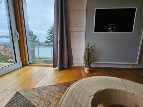 a living room with a large window with a view at Baumhaus und Tinyhaus in Mühlhausen