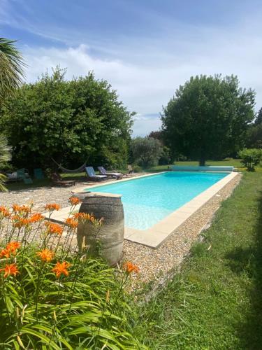 - une piscine dans une cour fleurie dans l'établissement Mas dans son écrin de verdure, à Orange