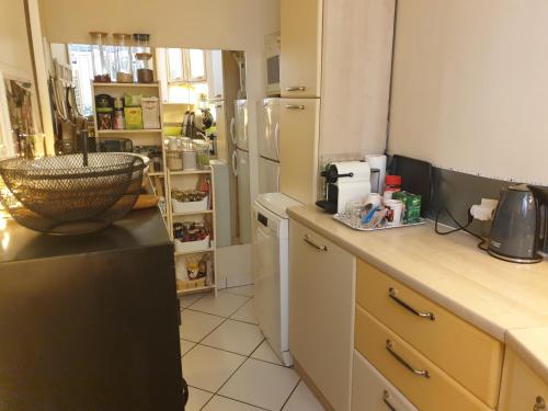 Il comprend une cuisine équipée d'un comptoir et d'un réfrigérateur. dans l'établissement Appartement haussmannien cosy, à Paris