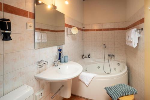 a bathroom with a sink and a bath tub at Locanda Villa d' Epoca in Aurigeno