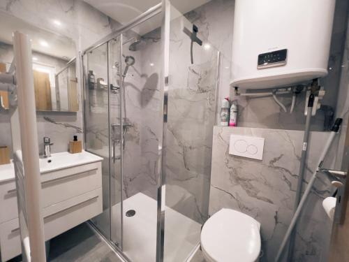 a bathroom with a shower and a toilet at Grand Studio in Le Blanc-Mesnil