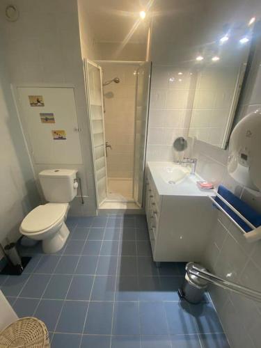 une salle de bain avec toilettes, lavabo et douche dans l'établissement Appart rdc front de mer, calme 4MER4, à Argelès-sur-Mer