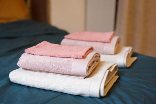 - une pile de serviettes assises au-dessus d'un lit dans l'établissement Terracozzy - Proche des thermes de Salies de bearn, à Salies-de-Béarn