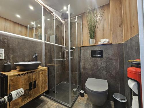 een badkamer met een douche, een toilet en een wastafel bij Reimann's Ferienwohnungen in Emden