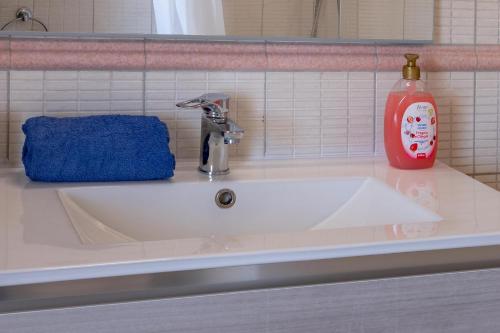 a large white sink with a faucet and a bottle of soap at Sestu house in Sestu