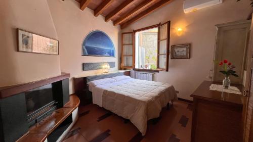 a bedroom with a bed and a tv and a window at Luxury Apartments Manarola by Arbaspàa in Manarola