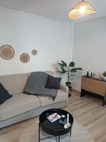 ein Wohnzimmer mit einem Sofa und einem Tisch in der Unterkunft Studio totalement meublé L'ethnique 