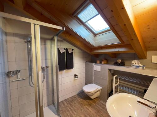 a bathroom with a shower and a toilet at Laubrinus in Adelboden
