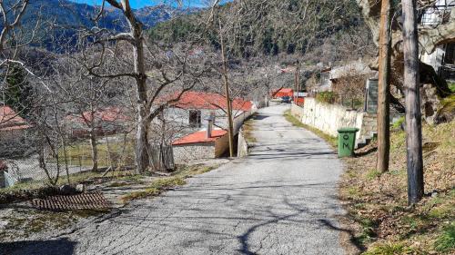 an empty road in a village with trees and buildings at Το παραδοσιακό in Kalabaka