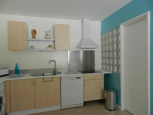 - une cuisine avec des placards en bois et un lave-vaisselle blanc dans l'établissement HERMITAGE MARMANDAIS, à Anzex