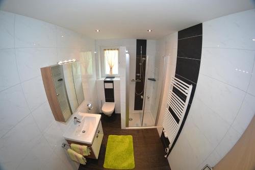 ein Bad mit einem Waschbecken, einer Dusche und einem WC in der Unterkunft Haus Panorama, Johanna Pfluger, Kirchdorf 56, A-6335 Thiersee in Thiersee