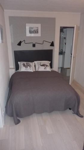 une chambre avec un grand lit avec une couverture marron dans l'établissement Le Loft, à Vichy