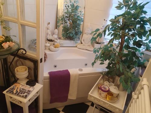 a bathroom with a bath tub with a potted plant at Haus Nadine in Lübeck