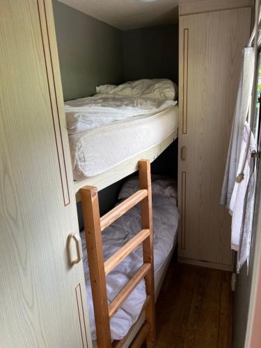 niewielka sypialnia z łóżkiem piętrowym i drabiną w obiekcie Stacaravan aan het “Drents Friese Wold”. w mieście Elsloo