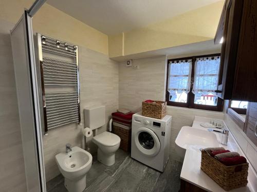 uma casa de banho com um lavatório e uma máquina de lavar roupa em Chalet Chez Louis vista Catena Monte Bianco sulle piste da sci em Courmayeur
