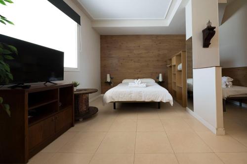 een slaapkamer met een bed en een flatscreen-tv bij Apartamento en Zarautz a metros de la playa -Cove in Zarautz