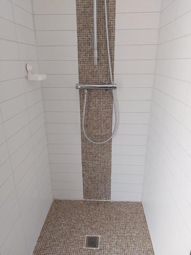 a shower in a bathroom with a tile wall at Chemin Babette in Stoumont