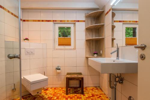 a bathroom with a sink and a toilet at Dat Lütthus in Ahrenshoop