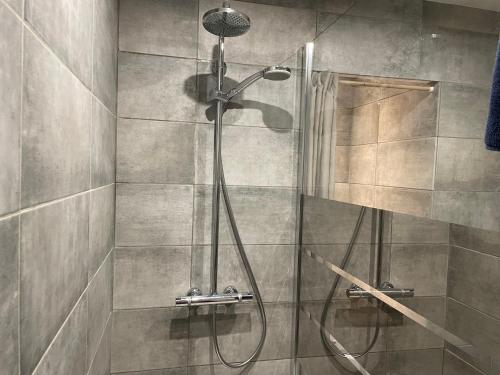a bathroom with a shower with a shower head at Paradis in Besançon