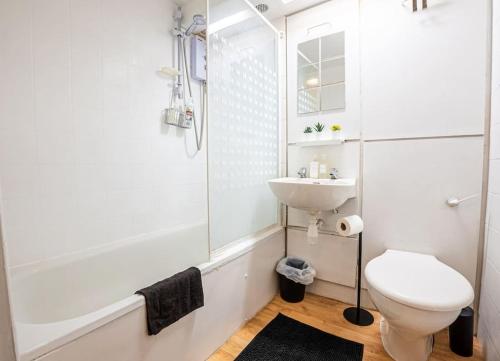 uma casa de banho com um WC, um lavatório e um chuveiro em Cosy Canterbury Studio Apartment em Kent