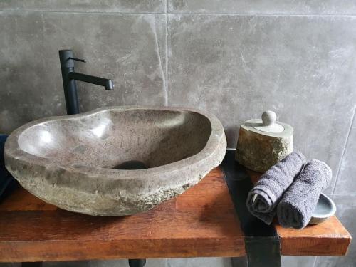 a bathroom sink on a wooden table with towels at Nature Zeeland in Lamswaarde