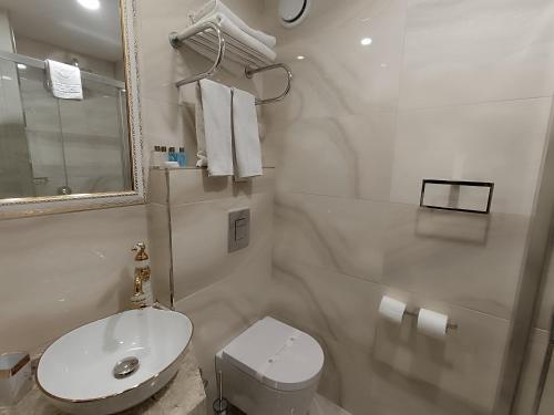 a white bathroom with a toilet and a sink at Golden Horn Hotel in Istanbul