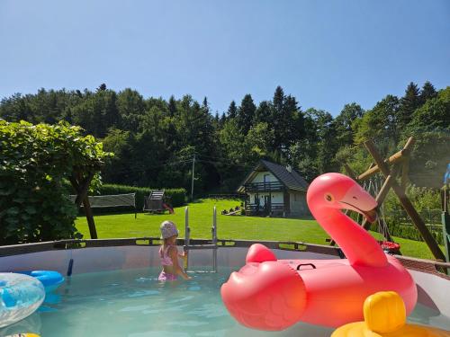 a little girl in a swimming pool with a pink swan at Domki pod Polaną in Lesko