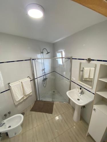 a bathroom with a shower and a toilet and a sink at Casa Encina in Torremolinos
