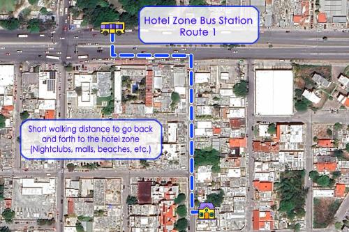 カンクンにあるAuroraのホテルゾーンバス停の地図